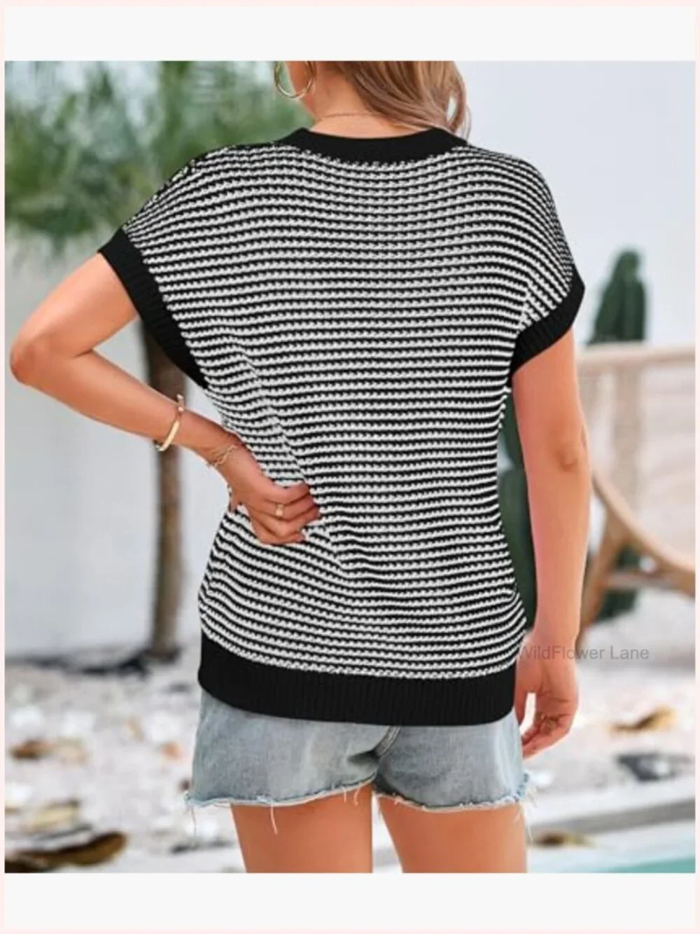 Short Sleeve Striped Pullover Sweater Vest Cap Sleeve Knit Tops